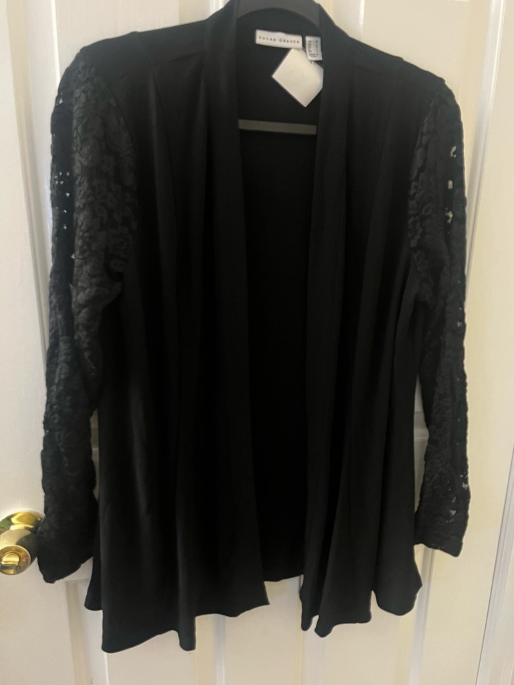 Black Open-Front Sweater with Lace Sleeves - NEW medium Susan Graver